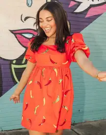 Queen of Sparkles Red and Orange Sequin Chili Pepper Mini Dress Puffed Sleeves