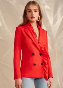 C/MEO Collective Double Breasted Ruffle Blazer Jacket in Red