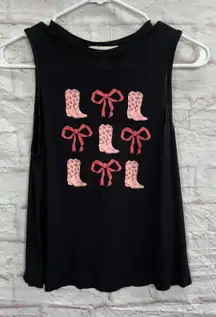 Obsessive Love Black Tank Top with Pink Boots and Bows Graphic XS