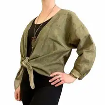 1970s  Vintage Olive Green Suede Leather Front Tie Cardigan Jacket