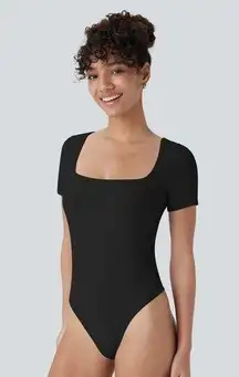 Halara Ribbed Knit Square Neck Skinny Work Bodysuit Thong Casual Black L