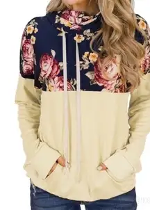 Boutique yellow Floral butter‎ yellow navy kangaroo pouch sweatshirt Large