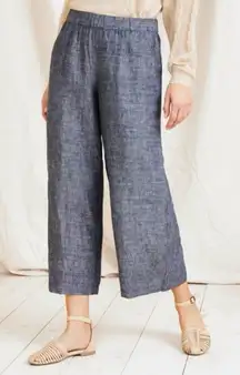 Garnet Hill Linen Cropped Wide Leg Pants Womens Size L Blue‎ Flax Elastic Waist
