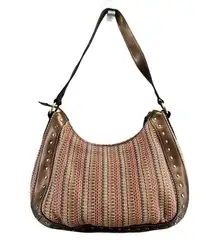 Fossil Womens Shoulder Purse Leather Trim Studded Raffia Weave Straw Multicolor