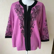 Bob Mackie Large Knit Jacket Pink Black Sequin 3/4 Sleeves Wearable Art Classic