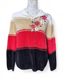 Vintage Holiday Floral Embroidered Sweat White Brown Red and Black Size Large