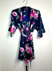 APT. 9 Women’s Satin Floral Kimono Robe Short Lightweight Lounge Navy Small