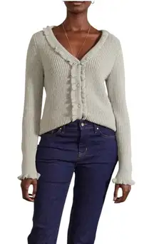 Boden Sweater Women 6 Green Sage Ruffled V Neck Button Cardigan Boho Preppy NWT
