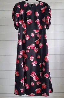 Popsugar Black Floral midi dress with side slit short sleeves, size S Retro