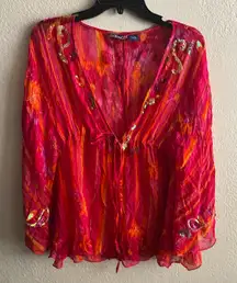 Phool Sheer Mesh Y2K Pink/Red/Orange Hues Sequins Embellished Cardigan Blouse M