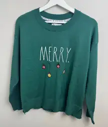 Rae Dunn Merry Holiday Christmas Sweater Green Size Medium