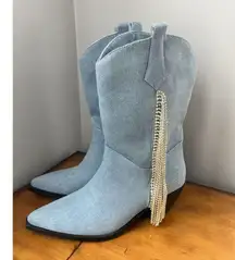 Azalea Wang Too Cute Denim Crystal Rhinestone Fringe Cowboy Boots Women's Size 9