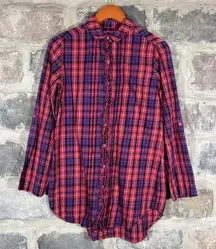 Betsey Johnson Plaid Ruffle‎ Front Button Down Long Sleeve Shirt Woman's Small