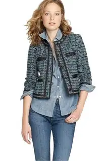 J.Crew Flagship Fanfare Peacock Pocket Tweed Long Sleeve Button Down Jacket Sz 0