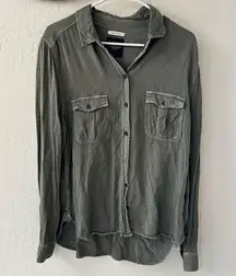 American Eagle Green Distressed Boyfriend Fit Roll Tab Button Down Shirt L