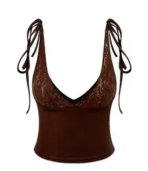 Micas Women's Large Brown Patchwork Lace Tie V-Neck Cami Comfy Top