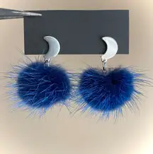 Handmade cute funky fairy whimsical style navy fluffy pompom & moon stainless steel dangle earrings🌙🌠💕