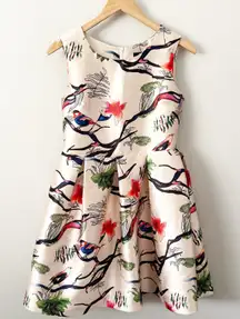 O&Y | Bird Print Box Pleat Pleating Dress High Neck Party Formal Gown | Medium