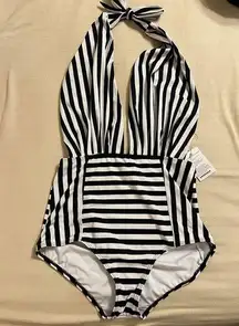 COCOSHIP Womens One Piece Swimsuit Backless Retro High Waisted Striped Size 12