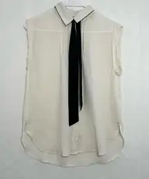 Women's Elodie White Sheer Sleeveless Button Down Blouse M Ivory w/ Black Tie