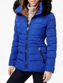 Guess Royal Blue Puffer Jacket with Black Faux Fur Hood