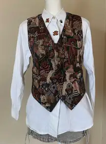 Vintage Teddy Bear Tapestry Teacher Vest & Cottage White Button Down Shirt M ?