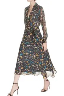 EQUIPMENT Silk Chiffon Vivienne Wrap Effect Floral Midi Dress Black Size 8