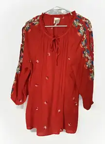 Fig and Flower Floral Embroidered Button Up Shirt 2X Orange Fall L/S Holiday