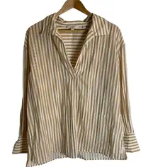 Vince Tan & White Striped Shaped Collar Shirt Tencel/Nylon Blend Size XL preppy