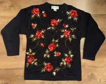 VTG Victoria Harbour Black Sweater Womens Size Medium Red Gold Sequin Beads!