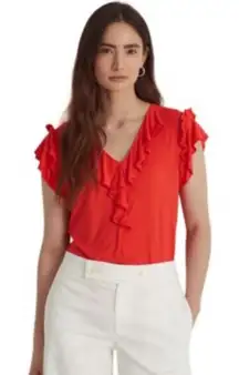 Lauren Ralph Lauren Top NWT Ruffle Trim & Sleeve V-Neck Red Womens 2XL
