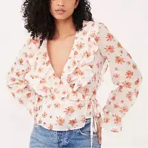 Free People White Amanda Ruffle Long Sleeve Wrap Orange Floral Top