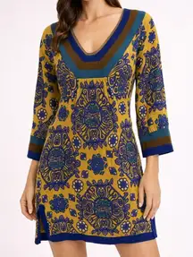 Free People Yellow Blue Medallion Print 3/4 Sleeve Tunic Top Sweater Size Small