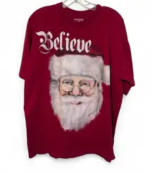 Believe In Santa Claus Red Short Sleeve Graphic Tee ugly Christmas sweater style