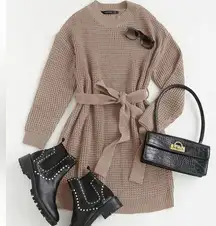 NWT Cozy Waffle Knit Crewneck Sweater Dress with Belt Tan Size Medium