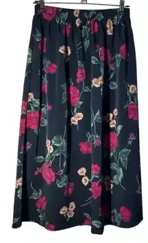 JOANNA black A line floral printed skirt pull on elastics waist size medium