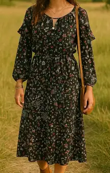 Walter Baker Floral Cottegecore  Dress 10 Women's Black Boho Peasent Whimsical