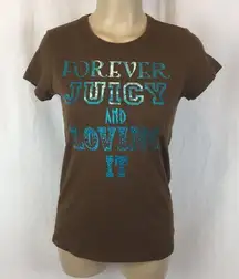 Juicy Couture  Brown & Blue Graphic Forever Juicy & Loving It Tee Shirt M