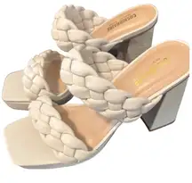 Cushionaire Aurora White‎ Braided Strap Block Heel Square Toe Slip On Sandals