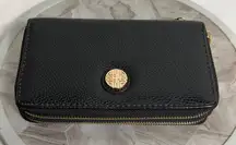 Black Pebbled Faux Leather Double Zip Wristlet Wallet Gold Medallion Logo