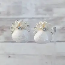 Vintage Clip On Earrings Shell with Faux Pearl & Clear Gems
