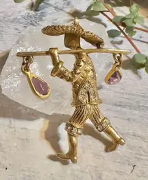 Vintage Asian Water Carrier Gold Brooch With Rhinestones and Amethyst Crystal