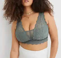 Aerie Eyelash Lace Padded Plunge Bralette w/ Mesh Panel Women’s Size XL Green