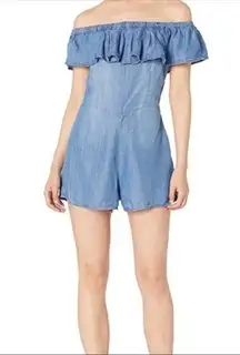 ALTAR’D STATES CHAMBRAY OFF SHOULDER DENIM BLUE SLEEVELESS RUFFLE NECK ROMPER