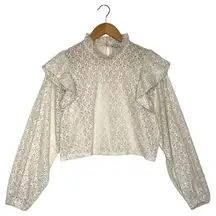 Zara Top Womens M Floral Lace Ruffle Neck Shoulders Long Sleeve High Neck Cream