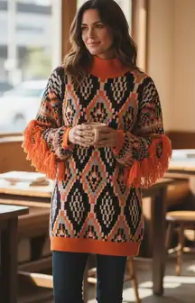 Farm Rio tribal turtleneck sweater dress fringe size small