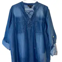 Ashley Stewart Women's‎ Size 18 Blue Denim Lace-Up Dress Casual 3/4 Sleeve