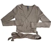 Windsor Wrap Top Ribbed Long Sleeve Tie Front‎ Crop Top Beige Size M