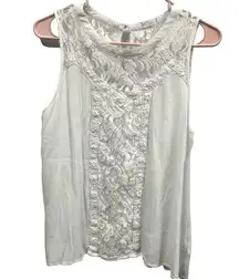 GF White Lace Accent Flowy Lightweight Sleeveless Tank Blouse Button Back Top L