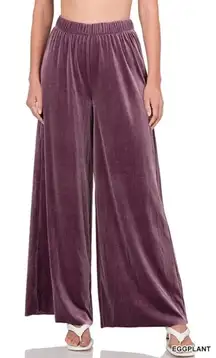 Wide Leg Elastic Waist Comfort Plus Velvety Pants 1X in Eggplant Purple Color
